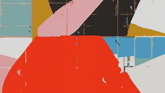 A bold abstract artwork featuring overlapping geometric shapes in red, pink, turquoise, black, and mustard yellow, with the dominant red form anchoring the lower half. The vibrant, layered composition visually echoes the fragmented, experimental nature of the generative art projects mentioned—GLiFS, ORBS, THE SIMULATION, Totems, Blotters, MENHIR, and Fragments of Order—whose holder snapshots are being taken.