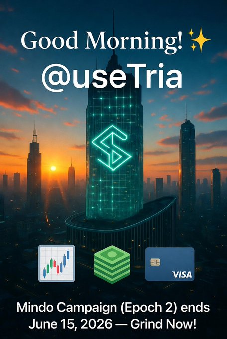 The advertisement contains an appealing photo of a city skyline at sunrise with a vibrant blue sky and buildings. The text indicates that there will be a fundraiser for @useTria, a trading platform where users can trade crypto currency. It encourages people to sign up and use crypto to fund campaigns. There is also information about grinding on the platform using virtual tokens. This image might inspire viewers to join in and contribute to the cause or simply enjoy the stunning sunrise photo while thinking about the fundraising campaign for @useTria.
