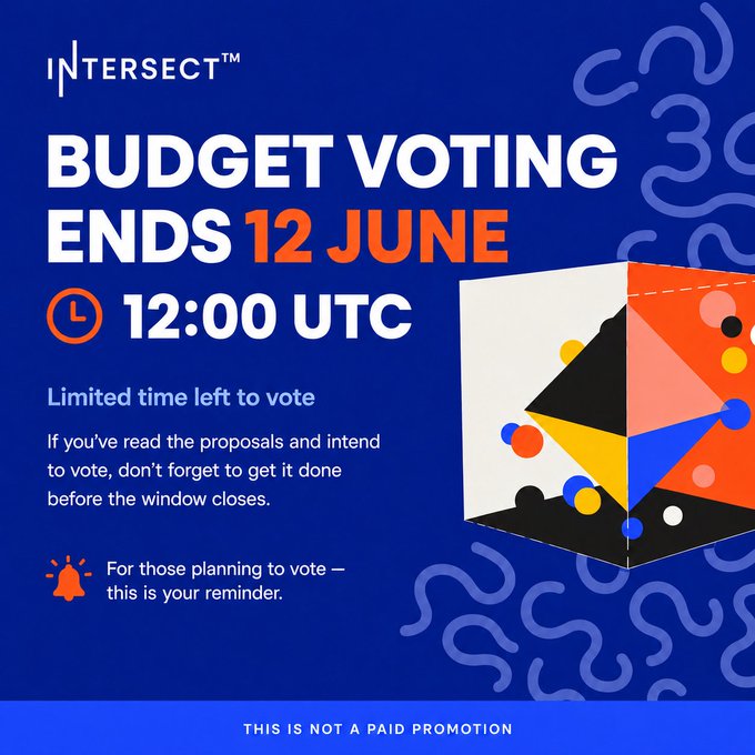 The image features a blue background with white text that reads "Intersect's Cardano Budget Vote closes 12 June at 12:00 UTC. Not much time left now. If you've read through the proposals and intend to vote, this is your gentle reminder to actually do it before the window closes." The post also includes an illustration of a cube with different colors on each side, which is part of the design for the poster.