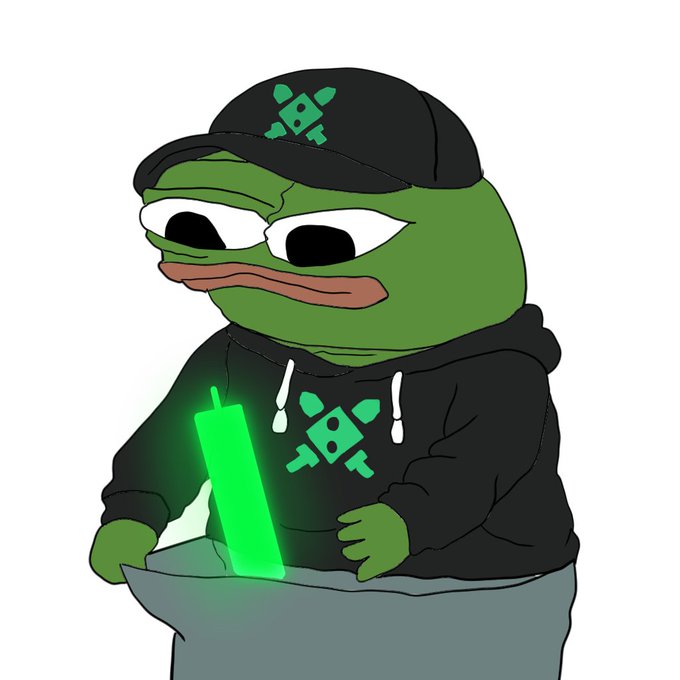 A cartoon drawing of a green frog-like character wearing a black cap and hoodie featuring a green logo, holding a glowing green lightsaber inside a grey sack.