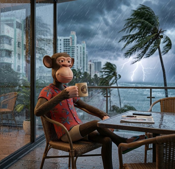 The image features a monkey sitting at an outdoor table with chairs, holding a coffee cup and looking out into the rain. The monkey appears to be wearing a shirt and shorts, giving off a relaxed and casual vibe. The scene takes place on a patio or deck area, which is connected to a building by a glass window. The overall atmosphere suggests that it's raining outside while the monkey enjoys its time indoors with a warm beverage in hand.