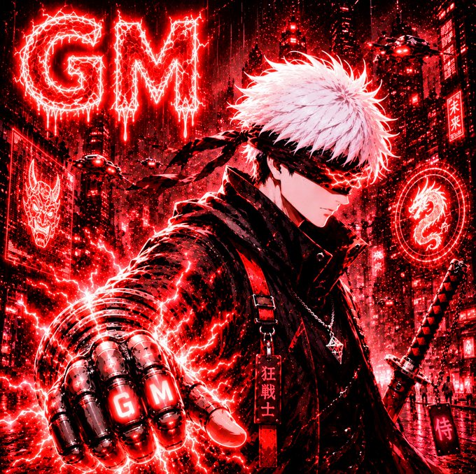 An anime-style digital artwork featuring a white-haired male character with a blindfold in a red neon-lit cyberpunk city, with "GM" text in the corner and on his glove.