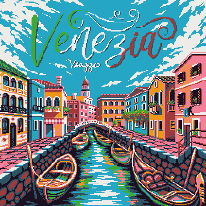 A colorful pixel-art illustration of Venice ('Venezia - Viaggio') showing a canal with gondolas, colorful buildings, and a bridge under a blue sky with clouds.
