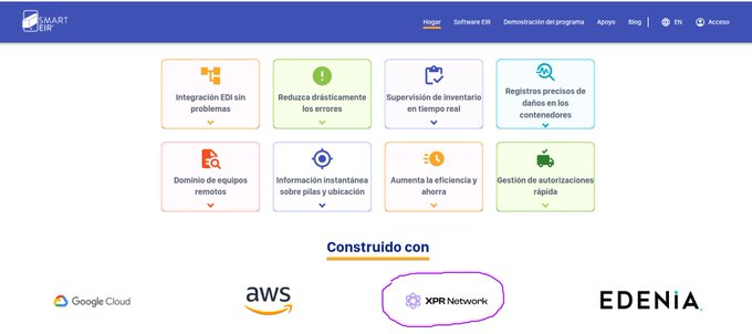The image shows a screenshot of a computer screen displaying a page from an e-commerce website, which offers Smart EIR software for managing logistics in container depots within the maritime transport industry. The website also features an @XPRNetwork logo on its banner at the top and links to other social media platforms such as Google Cloud and Amazon Web Services. The post is titled "What is Smart EIR? It is a web-based and mobile device software platform that optimizes logistics in container depots in the maritime transport industry Surprise!! It uses @XPRNetwork and we didn' t know it until today".