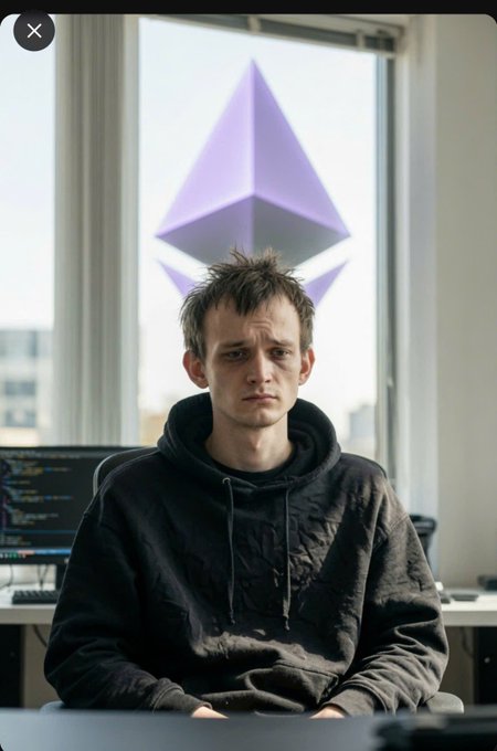 In this image, a man sits at his desk in front of a computer screen, with a purple paper object standing out as an intriguing element behind him. The man appears to be staring directly into the camera. There are also some books visible on the desk. A caption above the photo reads "Vitalik lên tiếng:EF cắt ngân sách 40% để sống lâu dài hơn!: Hôm nay Vitalik xác nhận: Ethereum Foundation giảm ngân sách trong năm nây", which might be a part of the image description or information about the man and his surroundings.