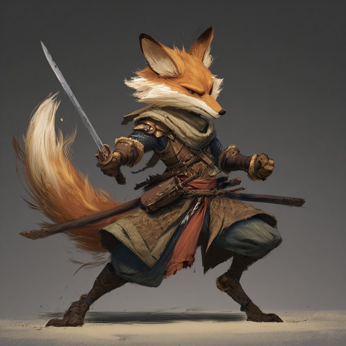 An anthropomorphic fox swordsman in warrior garb brandishes a blade in a dynamic combat stance, embodying the resilient, warrior-like spirit suggested by the "$MfT" (Famitree) crypto token's message of strength and community growth. The fierce, battle-ready fox mirrors the token's theme of small beginnings growing into something powerful and mighty ("big fam, real trees").