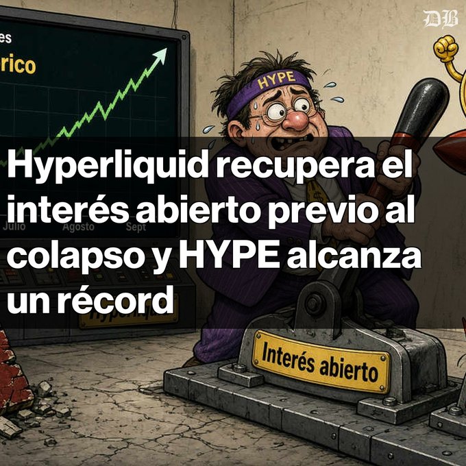 A cartoon illustration shows a stressed character wearing a 'HYPE' headband operating a lever labeled 'Interés abierto', with Spanish text overlay reading 'Hyperliquid recupera el interés abierto previo al colapso y HYPE alcanza un récord' alongside an upward-trending chart.