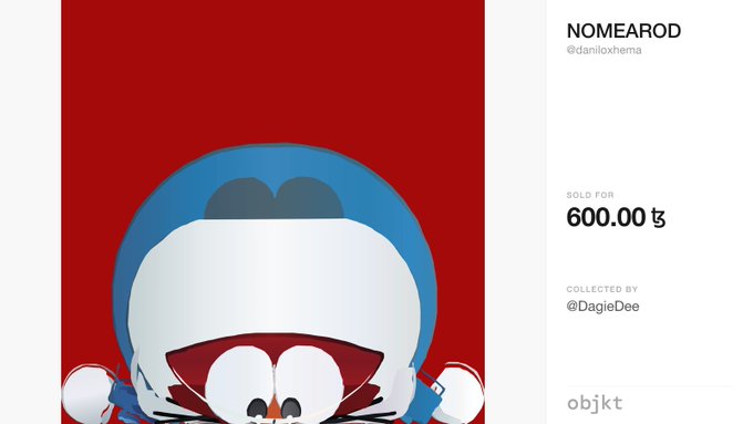 An NFT listing titled 'NOMEAROD' by @daniloxhema on objkt, featuring a stylized red, white, and blue character, sold for 600.00.