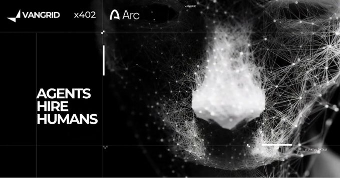 A promotional graphic featuring logos for 'VANGRID' and 'Arc' with the headline 'AGENTS HIRE HUMANS' set against an abstract network visualization of connected nodes.