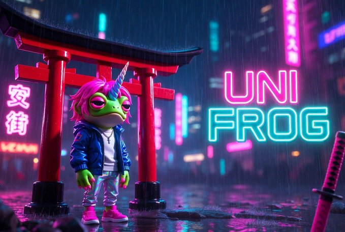 A frog character with pink hair and a unicorn horn stands in the rain under a red torii gate in a neon-lit city, with the glowing text "UNI FROG" displayed prominently to the right, directly matching the meme coin's $UNIFROG branding. The cyberpunk aesthetic and Japanese-inspired setting reinforce the token's "the streets already know" hype mentioned in the post.