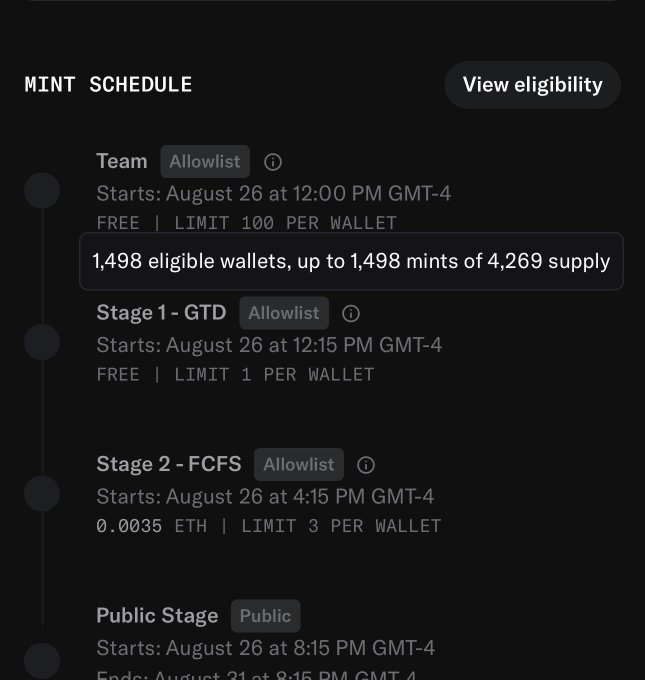 A digital mint schedule detailing four stages: Team (Allowlist, August 26 at 12:00 PM GMT-4, free, limit 100 per wallet), Stage 1 - GTD (Allowlist, 12:15 PM), Stage 2 - FCFS (Allowlist, 4:15 PM, 0.0035 ETH, limit 3 per wallet), and Public Stage starting at 8:15 PM.
