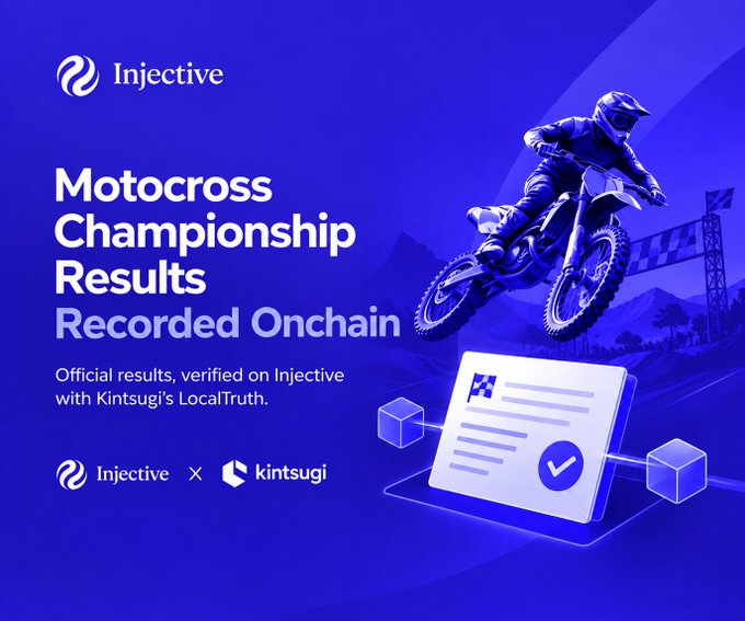 A blue promotional graphic announcing "Injective Motocross Championship Results Recorded Onchain," featuring a motocross rider and the Injective x Kintsugi logos.