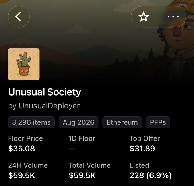 A digital marketplace screenshot displays the "Unusual Society" NFT collection by UnusualDeployer on Ethereum, featuring 3,296 items with a floor price of $35.08 and 24H volume of $59.5K. The image supports the post's mention of buying PFPs from the @UnusualNFTs secondary market, showing key pricing metrics that would inform such a purchase decision.