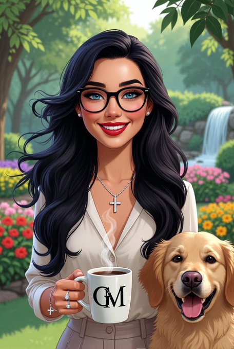 An illustration of a woman with long dark wavy hair and glasses, wearing a cross necklace and a white top, holding a steaming mug labeled 'CM' while a golden retriever sits beside her in a lush garden with a waterfall.