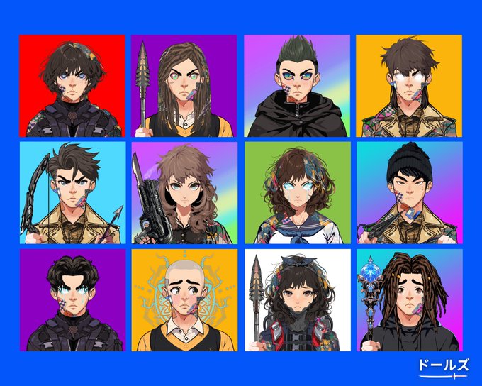 A grid of twelve anime-style character portraits arranged in a 4x3 layout, featuring various male and female characters with diverse weapons and hair colors, against colorful backgrounds.