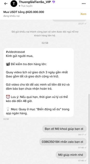 A Vietnamese Telegram chat screenshot with the contact 'ThuongGiaTienSo_VIP' discussing a USDT purchase of 420,000,000 dong, showing customer service instructions about providing transaction history videos and a phone number 0386350184.