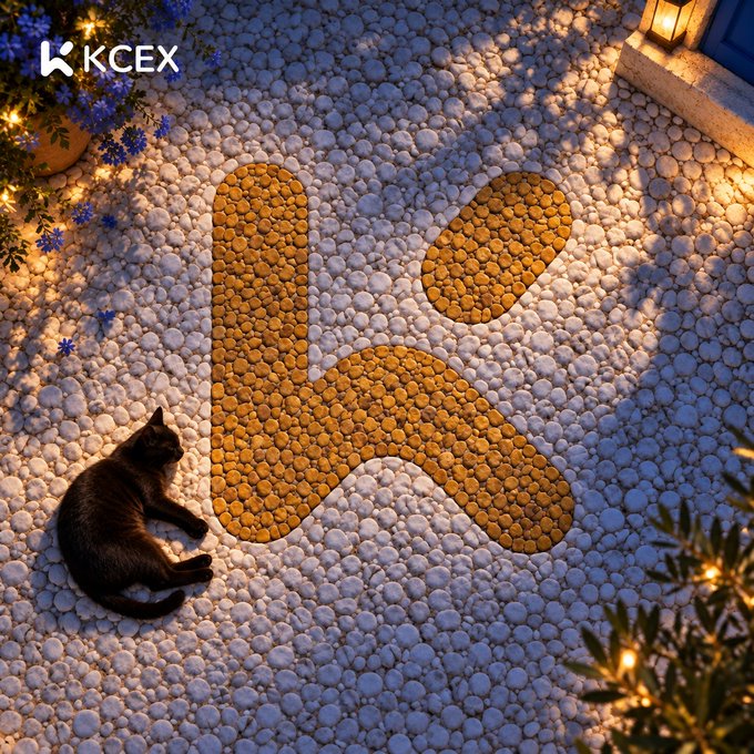 An aerial view shows a black cat resting on a stone-pebble surface next to a large golden 'k' shape, with the "KCEX" logo in the upper-left corner and plants illuminated by warm lights around the edges.