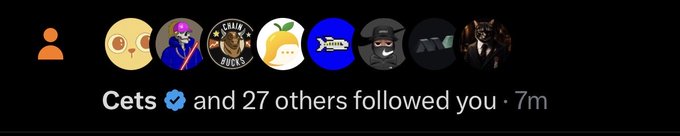 A notification from Twitter/X showing that 'Cets' with a verified checkmark and 27 others have followed the user 7 minutes ago.