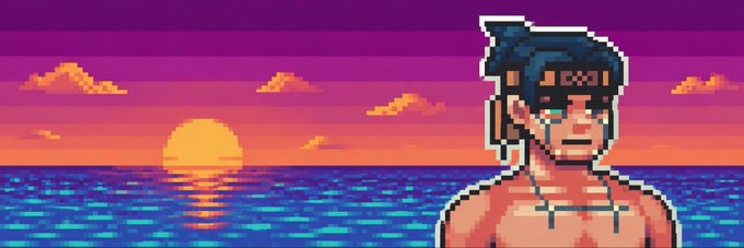 A pixel art illustration depicts a shirtless man with dark hair tied up and face paint, standing in front of a vibrant sunset over an ocean. The retro-style image uses bold colors typical of 8-bit or 16-bit graphics.
