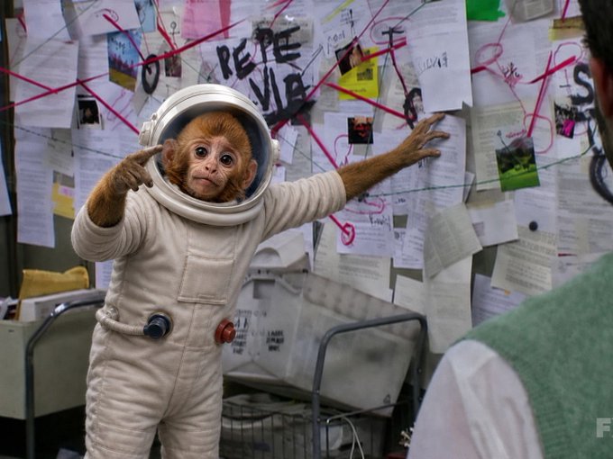 A monkey dressed in a white spacesuit with a helmet, posing with hands outstretched in front of a wall covered in papers, photos, and graffiti including the words "REPE VIB".