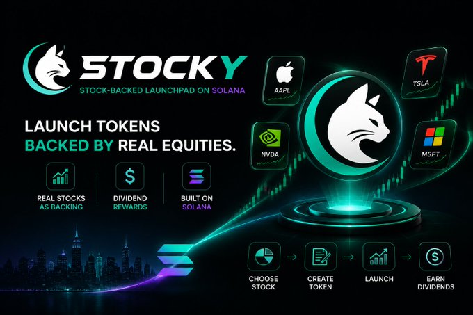 A promotional graphic for STOCKY, a stock-backed launchpad on Solana, highlighting features like real stocks as backing, dividend rewards, and a process flow from choosing stocks to earning dividends.