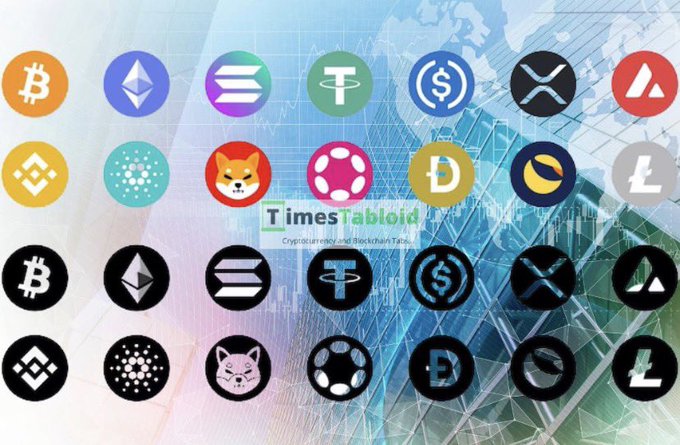 A collection of cryptocurrency logos including Bitcoin, Ethereum, Solana, Tether, Shiba Inu, and others displayed in a grid pattern with a 'TimesTabloid' watermark.