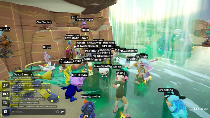 Screenshot from a multiplayer online game showing numerous player avatars with usernames floating above their characters in a colorful environment with a waterfall, including names like 'Mr._Dimalik', 'gt dog', 'Mountainville', and 'Mr.Customm'.