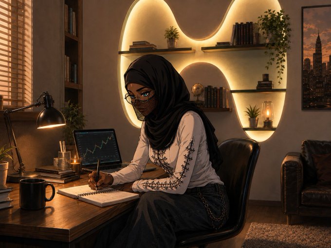 A digital illustration shows a young woman wearing a black hijab and face veil, working at a warmly lit desk with a laptop, lamp, and a notebook, writing with a pen.