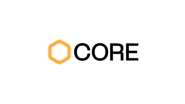 A minimalist logo featuring an orange and yellow gradient hexagon next to the word 'CORE' in bold black text on a white background.