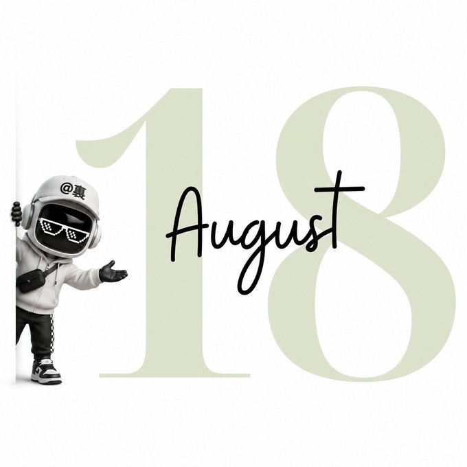A cute cartoon astronaut character with pixel sunglasses (displaying "@賽") peeks from behind a large "18" with "August" written across it in elegant script. The image serves as a date stamp for the August 18th post, where the astronaut's cool, unbothered vibe contrasts playfully with the $SUI dip being mentioned.