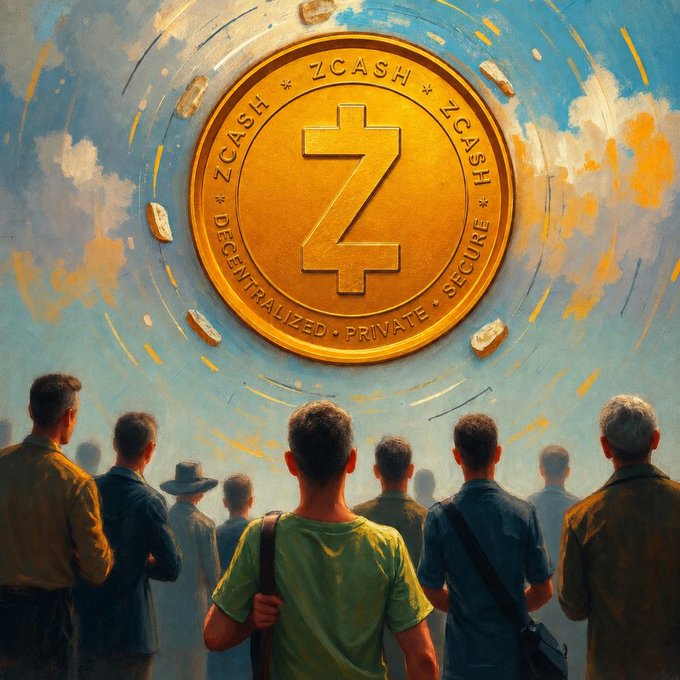 A painted-style illustration showing a crowd of people viewed from behind, looking up at a giant golden Zcash (ZCASH) coin emblazoned with the words 'DECENTRALIZED · PRIVATE · SECURE'.