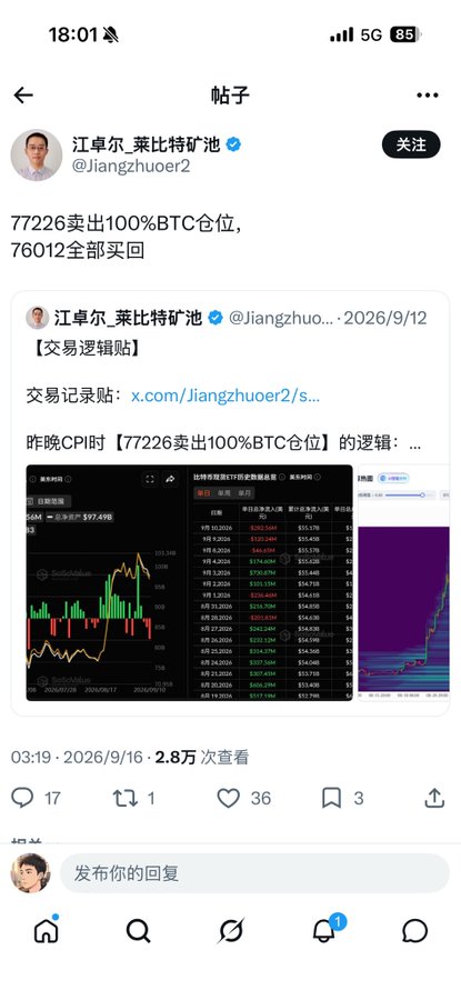 A Chinese social media post from 江卓尔_莱比特矿池 (@jiangzhuoer2) discussing Bitcoin trading logic, mentioning selling 100% BTC position at 77226 and buying back at 76012, with screenshots of trading charts and order book data.