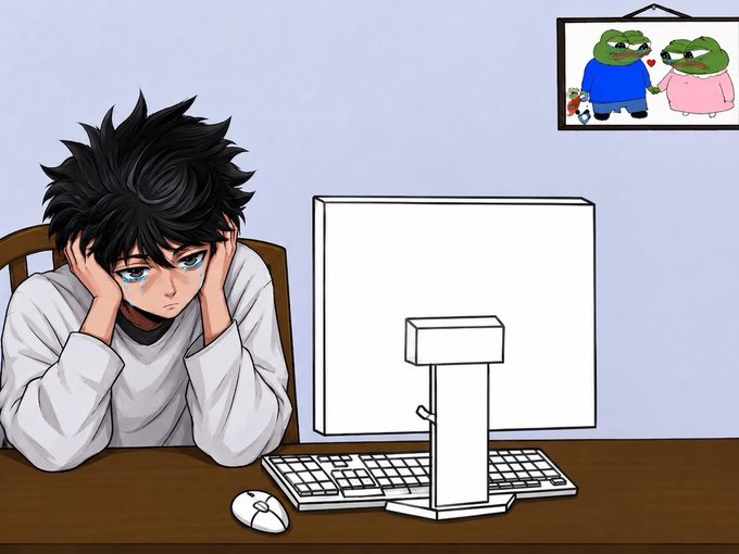 An anime-style illustration of a crying young man with messy black hair sitting at a computer desk with a blank monitor, while a framed picture of two happy Pepe the Frog characters hangs on the wall.