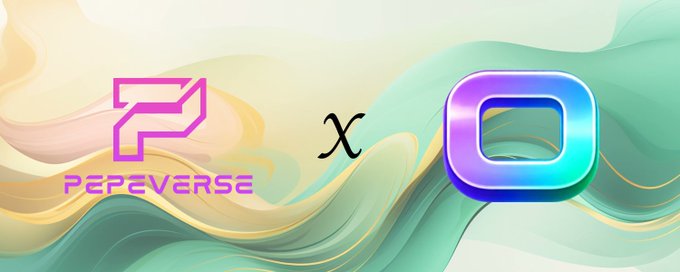 A collaboration announcement banner displaying the "PEPEVERSE" logo next to an "x" and a colorful rounded square logo on a swirling pastel background.