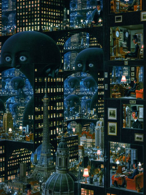 A surreal, densely packed artwork showing a nighttime cityscape with a giant octopus-like creature, the Eiffel Tower, and people working in separate lit rooms.