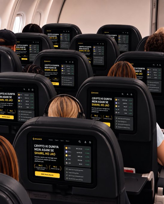 An airplane cabin interior shows multiple passengers viewing the Binance cryptocurrency platform on the seatback screens, displaying the text 'CRYPTO KI DUNIYA MEIN ASANI SE SHAHIL HO JAO'.
