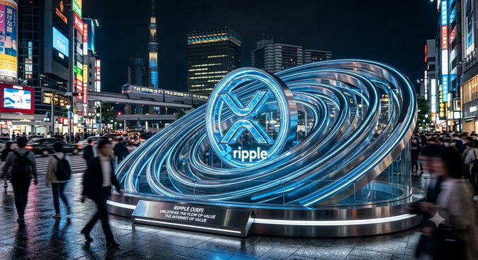 A glowing Ripple logo sculpture with the "ripple" text is displayed in a bustling nighttime cityscape, likely symbolizing Ripple's official launch of its RLUSD stablecoin in Japan following regulatory clearance.