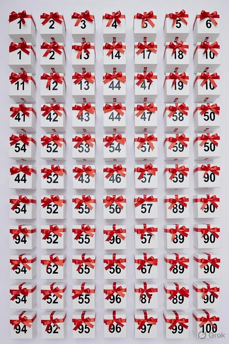 A grid of 100 white gift boxes, each numbered from 1 to 100 and adorned with a red ribbon, is displayed for a giveaway where selecting box 100 could win the hidden USDC cryptocurrency prize.