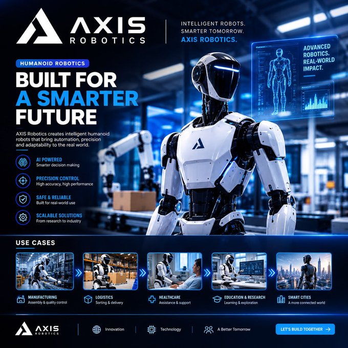 A promotional graphic for 'AXIS ROBOTICS' showcasing a humanoid robot with the tagline 'BUILT FOR A SMARTER FUTURE', listing features like AI Powered, Precision Control, and Safe & Reliable, alongside various use cases.