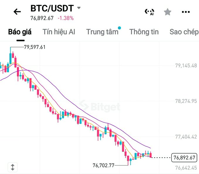 A candlestick chart of BTC/USDT on Bitget shows the current price at 76,892.67, down 1.38%, with moving averages indicating a downward trend from a recent high of 79,597.61.