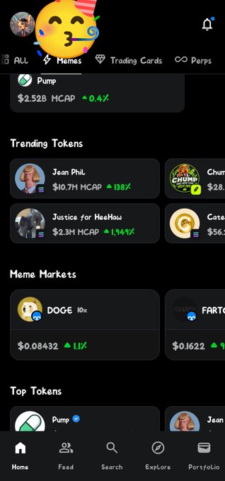 A mobile app screenshot of a crypto/meme token platform showing trending tokens like 'Jean Phil' ($10.7M MCAP, +138%), meme markets including DOGE and FARTCOIN, and a celebration emoji with the number 3.