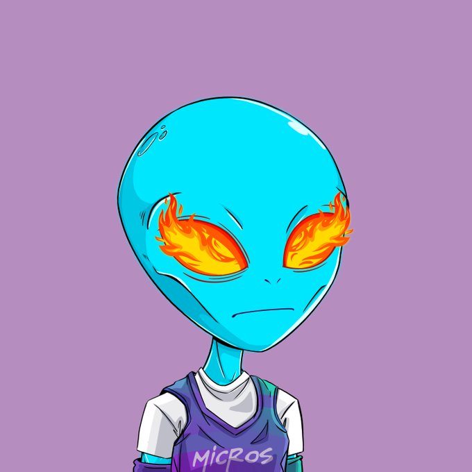 Cartoon illustration of a blue-skinned alien with fiery orange flames for eyes, wearing a white shirt under a purple jersey that reads 'MICROS'.
