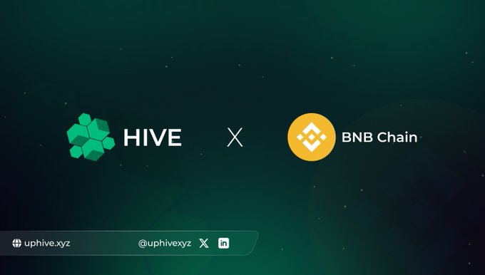 A dark promotional graphic featuring the Hive logo paired with the BNB Chain logo, separated by an "X," indicating a partnership. The bottom displays the URLs "uphive.xyz" along with social handles "@uphivexyz" on X and LinkedIn.