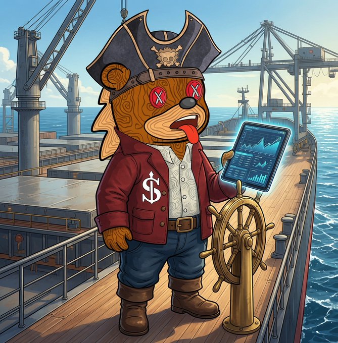A cartoon bear dressed as a pirate, holding a tablet with stock charts, stands at the helm of a cargo ship, symbolizing maritime investment opportunities. This image visually represents the @EthraShip mentioned in the post.