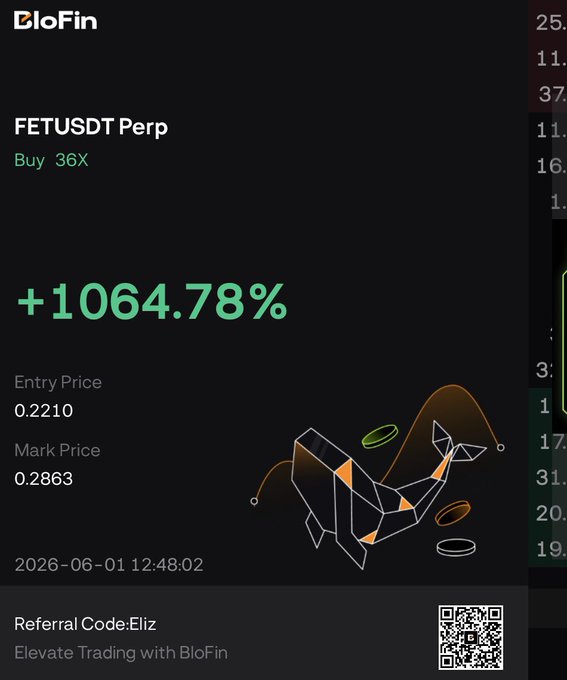 The image shows a black background with white text, including numbers and symbols. There are two lines of text that read "More Thx" and "$FET More Thx", respectively. The text also includes a reference code for a trading platform called "Referrals".