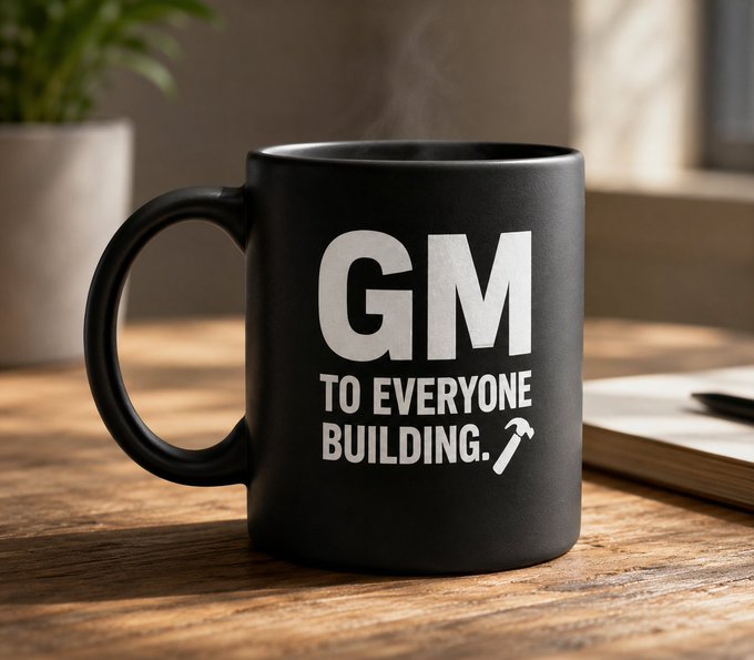 The image features a black coffee mug with white text that reads "GM to everyone building." The mug is placed on top of a wooden table, which also has a book and a potted plant nearby.
