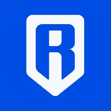 Blue logo with a stylized white 'R' inside a shield/pennant shape on a blue background.
