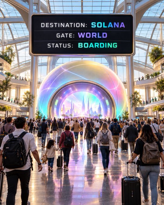 A futuristic airport terminal shows a digital board reading 'DESTINATION: SOLANA, GATE: WORLD, STATUS: BOARDING' above a crowd of travelers walking toward a glowing portal.