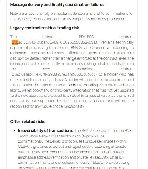 A document page discussing 'Message delivery and finality coordination failures' and 'Legacy contract residual trading risk,' including token contract addresses (0x6...b24C2181 and 0x9d10a1ec41Fe78784298B457E31F9b05D38c8633) for BNB-BEP20 and BNB-BSC.