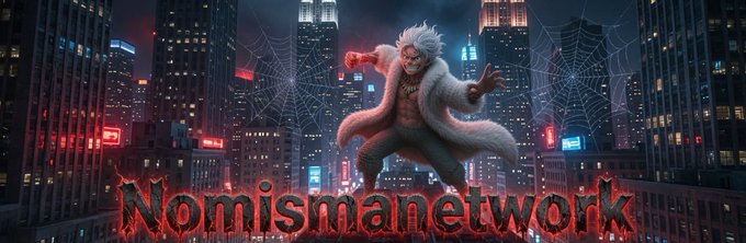 A white‑haired, fur‑clad hero leaps across a neon‑lit cityscape threaded with spider webs, beneath the glowing red title “Nomismnetwork,” visually echoing the post’s emphasis on @NomismaNetwork as the unseen, reliable infrastructure powering AI and on‑chain growth.